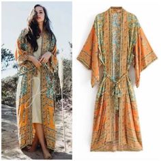 Gorgeous Soft Golden Fields Boho Printed Kimono Style Coverup Wrap. Can Be Worn As A Swim Coverup, Robe Or Kimono Wrap Over A Basic Solid Tank.Open Vented Style Kimono Sleeves. Matching Belted Tie. Similar Look To Spell & Gypsy! Even Has The Underarm Cutouts. Pre-Order Ships In Approximately One To Two Weeks Our Boutique Is Filled With A Curated Collection Of Styles: Spell Gypsy Boho Bohemian Hippie Retro Vintage Handmade Coachella Festival Free People Anthropologie Johnny Was Urban Outfitters W Oversized Long Sleeve Shirt, Flirty Tops, Kimono Wrap, Layered Sweater, Black And White Tops, Yellow Plaid, Print Kimonos, Boho Kimono, Boho Print