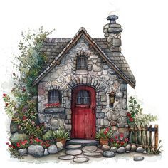 a watercolor painting of a small stone house with a red door and flowers around it