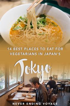 a person eating food in a restaurant with the words tokyo on it and an image of noodles