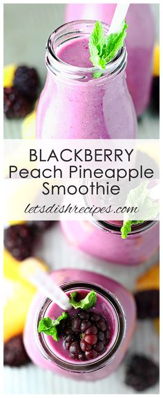 blackberry peach pineapple smoothie is in a mason jar and garnished with fresh mint