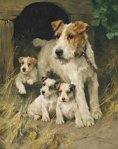 a painting of a dog with four puppies in front of a tunnel and grass