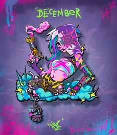 a drawing of a girl on a skateboard with the word december written in it