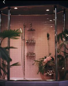 a shower with pink tiles and plants in the bathtub, next to it is a glass shelf