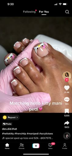 White French Tip Toes With Design, Hello Kitty Toes, Hello Kitty French Tip Toes, Hello Kitty Toe Nails, Hello Kitty Toes Nail Design, Hello Kitty Pedicure, Pink White French Tip Toes, Hello Kitty Acrylic Toes, Pink And White French Pedicure