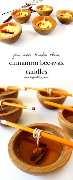 cinnamon beeswax candles in wooden bowls with orange sticks