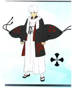 an anime character with white hair wearing a black and white robe, standing in front of a cross