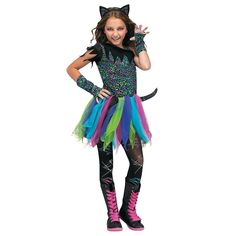 Possibly the most colorful kitty costume ever! Rainbow leopard print dress with multi-colored skirt and tail, matching sleevelets, footless tights, and ear headband. Care Instructions: Hand wash cold water with mild soap. Tumble dry low. For best results hang or lay flat to dry. Cat Girl Costume, Cat Costume Kids, Animal Halloween Costumes, Rainbow Leopard Print, Cat Halloween Costume, Cat Costume, Footless Tights, Rainbow Leopard, Rainbow Cat