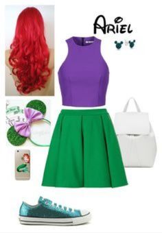 a woman with red hair wearing a green skirt and purple top, converse sneakers and a handbag