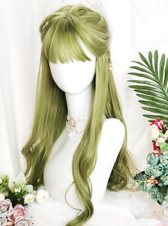 Long Green Wigs, Hair Bangs Reference, Kawaii Wigs Long, Long Curly Hair Reference, Long Hair With Bangs Drawing, Hairstyles For Long Hair Drawing, Green Hair Cosplay, Hairstyles Long Hair Curly, Green Hair Oc