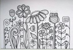 a drawing of flowers in black and white