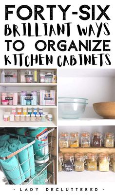 an organized pantry with lots of different containers and items in it, including jars and bowls