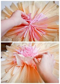 two pictures showing how to make tissue paper pom - poms with pink and yellow flowers