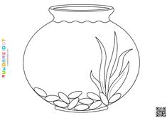 a fish bowl filled with water and rocks on top of the bottom is outlined in black ink