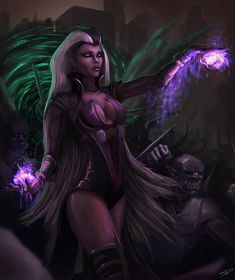 a woman with long white hair and purple makeup holding an object in her hand while surrounded by zombies