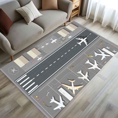 an area rug with airplanes on the runway