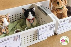 three stuffed animals in baskets with labels on them