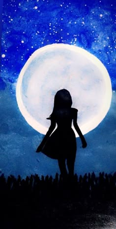 a painting of a girl standing in front of a full moon