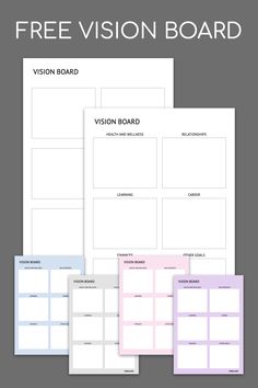 the free vision board is shown in four different colors