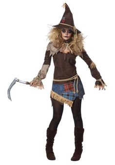 a woman dressed as a scarecrow holding a knife