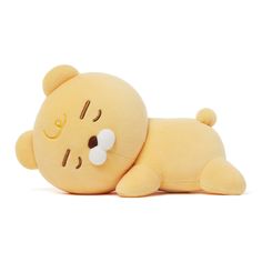 a yellow teddy bear laying on its back with eyes closed and nose wide open, looking to the side