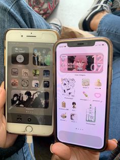 someone is holding an iphone in their left hand and the other one has a pink screen