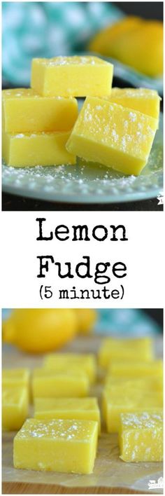 lemon fudge is cut into cubes and placed on a cutting board with the title below it