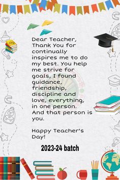 a graduation card with the words dear teacher, thank you for all who inspire me to do my best