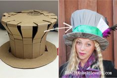 a woman wearing a hat with feathers on it and another photo of a cardboard box