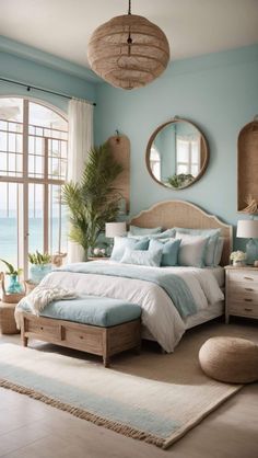 a bedroom with blue walls and white bedding in front of a large window overlooking the ocean