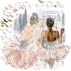 two ballerinas in pink tutu skirts looking at each other through a mirror