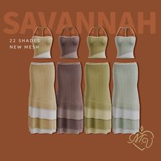 four different styles of dresses with the words savannahh on them in brown and green