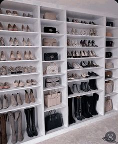 there are many pairs of shoes and bags on the shelves in this closet that is filled with purses