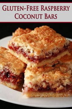 gluten - free raspberry coconut bars on a white plate