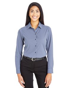 2.9 oz./yd2 / 100 gsm, 92% nylon, 8% spandex twill ; Straight collar with built-in collar stays; Front and back princess seams for flattering feminine fit; Luxury, comfort and performance in one; Double layer, bias cut back yoke; Adjustable cuffs with button placket; Stretch for enhanced fit and restriction-free movement; Performance nylon fine shirting offers a crisp, professional look while staying cool and comfortable; Moisture-wicking performance Checked Shirt Outfit, Free Movement, Collar Stays, Princess Seams, Business Outfit, Dress Shirts For Women, Professional Look, Long Sleeve Shirt Dress, Check Shirt