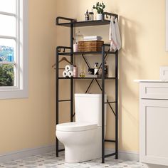 a bathroom with a toilet and shelving unit