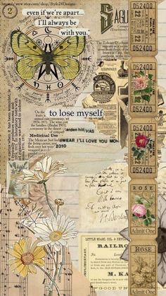 an altered collage with flowers and butterflies on it's side, including the words i love you