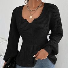 Season:Winter,Fall; Fabric:Polyester; Sleeve Length:Long Sleeve; Look After Me:Machine wash; Gender:Women's; Style:Casual; Elasticity:Micro-elastic; Occasion:Weekend,Outdoor,Daily; Sweaters Type:Sweater; Top Length:Regular; Fit Type:Loose Fit; Pattern:Solid Color; Design:V Neck; Neckline:V Neck; Front page:FF; Listing Date:08/30/2024; Production mode:External procurement Elegant Style Women, Pullover Mode, Long Sleeve Knit Sweaters, Bishop Sleeve, Ribbed Knit Sweater, Fall Outfits Women, Girls Long Sleeve, Sweater Fashion