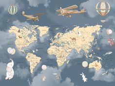 a world map with airplanes, balloons and animals