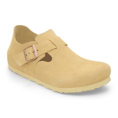 One of the first closed-toe styles from BIRKENSTOCK The London is the epitome of simplicity with clean lines and an adjustable buckle strap. The iconic footbed provides signature comfort and support. With an easy fit and feel it boasts a natural rustic look with a soft suede upper Anatomically shaped footbed Upper: suede Footbed lining: suede Sole: EVA Details: individually adjustable metal pin buckle “Made in Portugal” Cream Birkenstock, Boston Shoes, Birkenstock London, Birkenstock Styles, Super Birki, Surf Vibes, Two Strap Sandals, Clog Boots, Shoes Teen