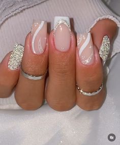 French Nails With Silver, French Tip Nail Designs Square, White Nails With Silver Accent Nail, White Nail Silver Tip, Sliver Tip Nail, White Homecoming Nails, White French With Silver Line, White French With Silver Glitter, French Manicure Nail Designs