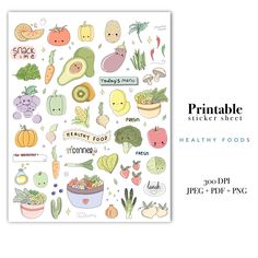 the printable sticker sheet is filled with vegetables, fruits and veggies