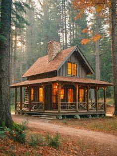 a small cabin in the woods surrounded by trees with lights shining on it's windows