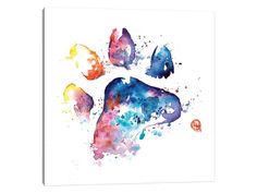 an animal paw print with watercolor paint splattered on the front and back