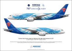 an advertisement for china southern air boeing 787 dreamliner airliner, designed in blue and white