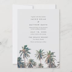 the tropical palm trees are featured in this modern wedding card, which is printed on white paper