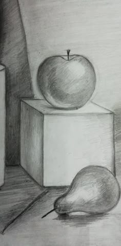 a pencil drawing of an apple and a pear sitting on top of a block of wood