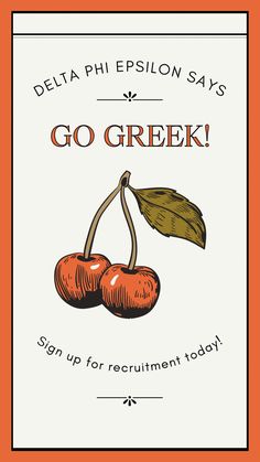 a card with two cherries on it and the words go greek written in red