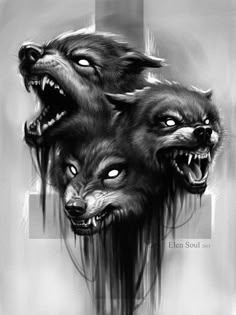 three wolfs with their mouths open in front of a cross