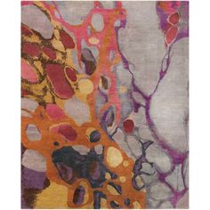 an abstract rug with various colors and shapes on it's sides, including oranges, purples, and reds