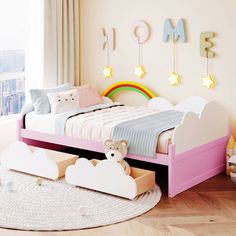 a child's bedroom with pink and white bedding, teddy bear toy on the floor